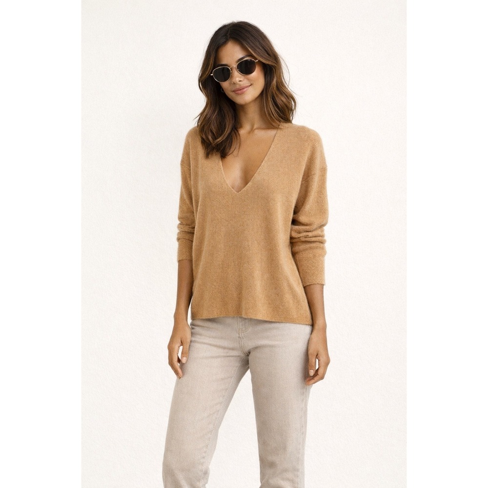 Nakedcashmere 100% Cashmere Ribbed Deep V-Neck Sweater Tan Luxury S